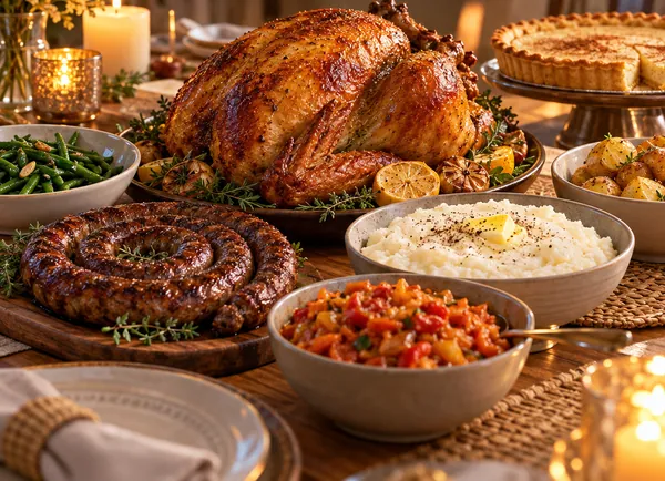 Roast turkey with lemon and garlic, boerewors, mashed potatoes, chakalaka and green beans
