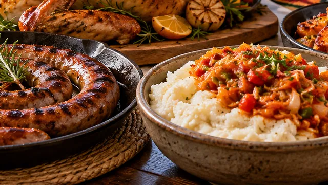 Boerewors, pap with chakalaka and a peri-peri roast bird