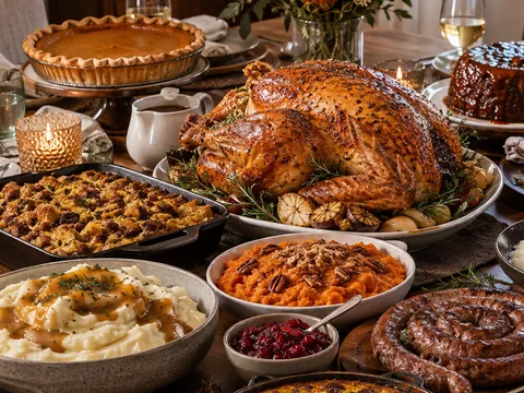 Roast turkey, pumpkin pie, stuffing, mashed potatoes and sweet potato casserole
