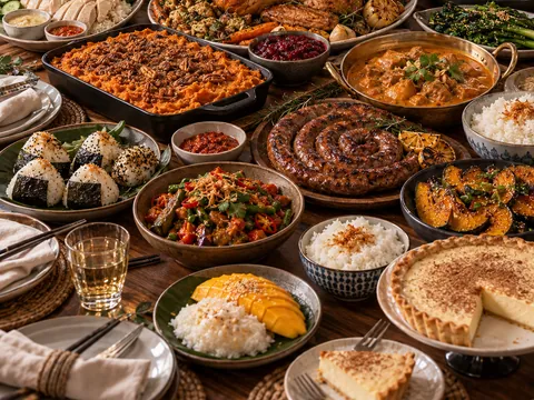 A global table with onigiri, curry, stir-fried vegetables, rice, boerewors and mango sticky rice
