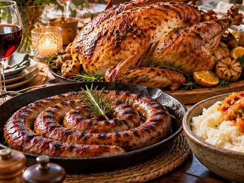 A coil of boerewors beside pap and chakalaka, with a peri-peri roast bird